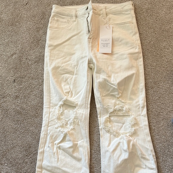 Risen Jeans Women's Off-White Distressed Flare Jeans - Picture 1 of 10